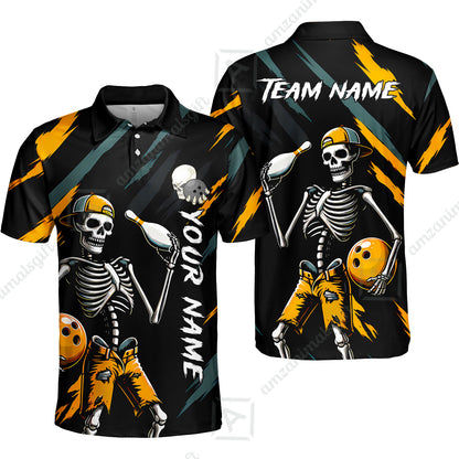 Customized Bowling Shirt, Bad Boy Skeleton Bowler, Personalized Polo Shirt For Players With Name & Team Name