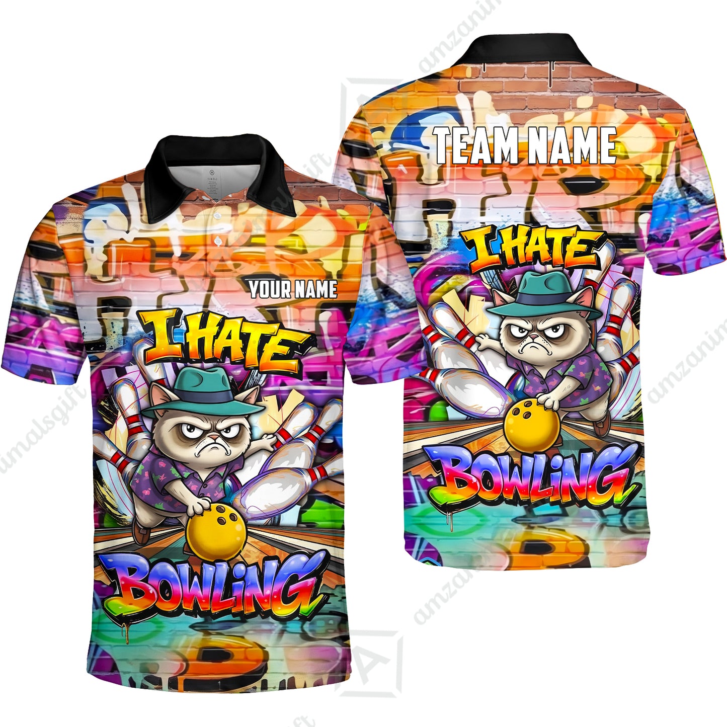 Custom Bowling Jersey Polo Shirt, Sarcastic Grumpy Cat Graffiti, Custom Bowling Jersey Team Shirt For Players With Name and Team Name
