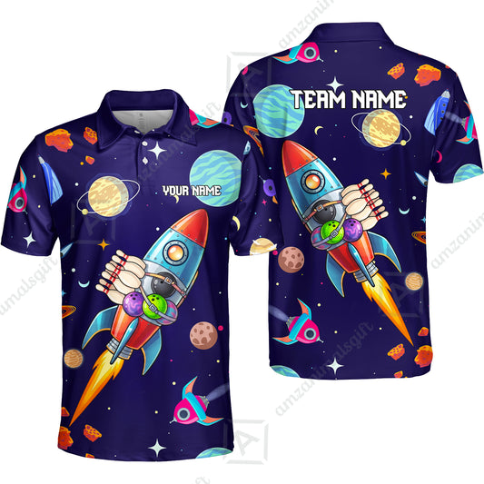 Custom Bowling Jersey Polo Shirt, Rockets Into Space, Custom Bowling Jersey Team Shirt For Players With Name and Team Name