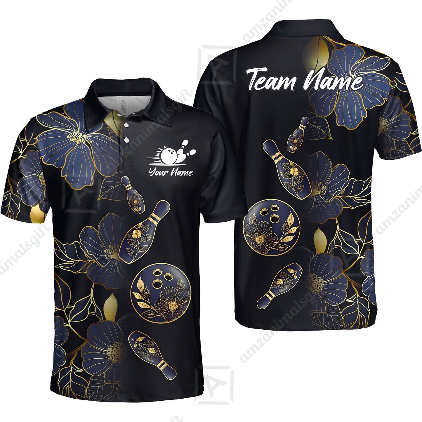 Custom Bowling Jersey Polo Shirt, Flower Bowling Pattern Gradient Gold, Custom Bowling Jersey Team Shirt For Players With Name and Team Name
