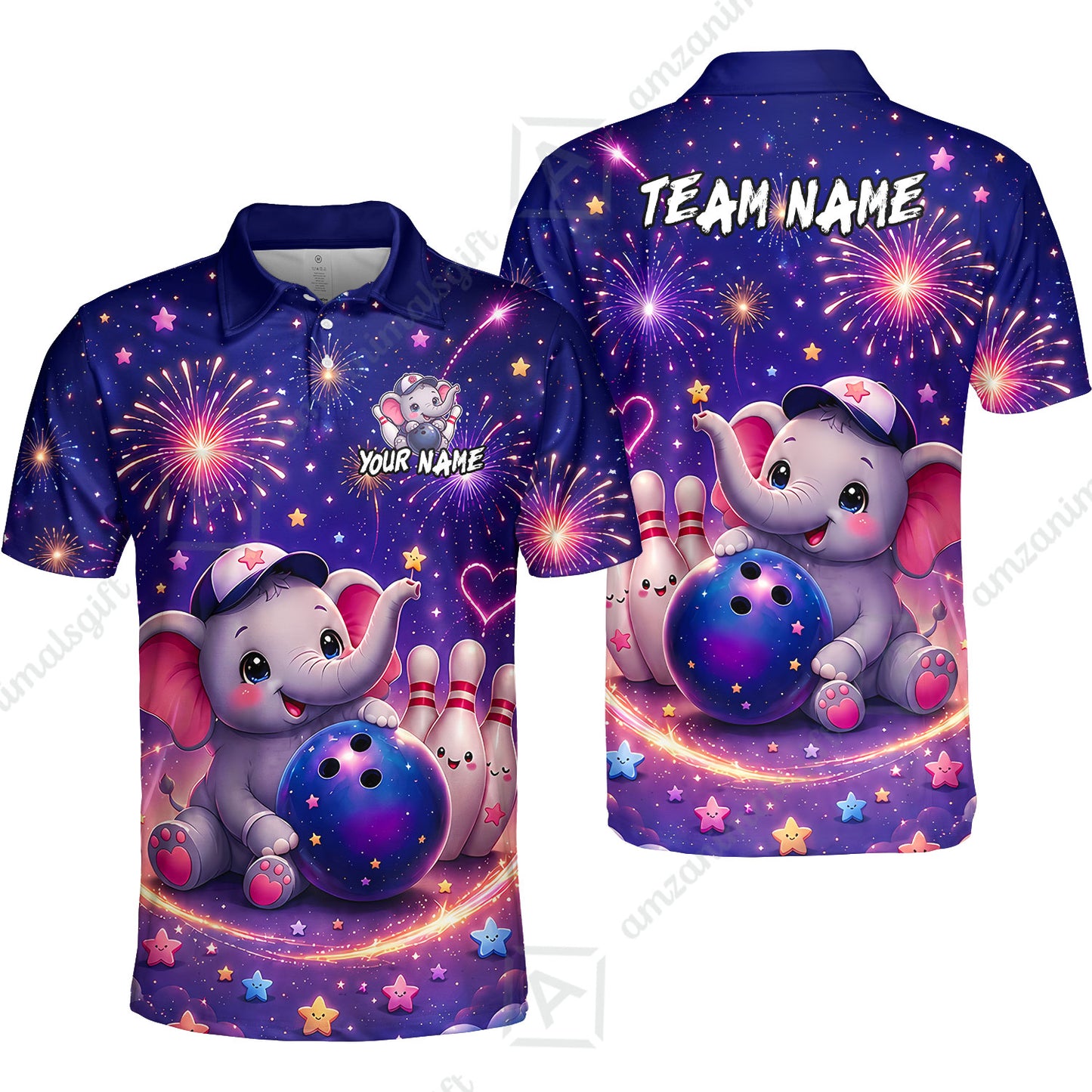 Custom Bowling Jersey Polo Shirt, Cute Elephant Holding Ball, Personalize Name and Team Name