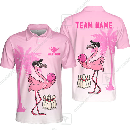 Custom Bowling Jersey Polo Shirt, Flamingo Bowling Coconut Tree, Custom Bowling Jersey Team Shirt For Players With Name and Team Name
