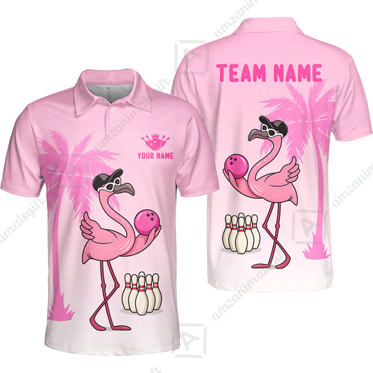 Custom Bowling Jersey Polo Shirt, Flamingo Bowling Coconut Tree, Custom Bowling Jersey Team Shirt For Players With Name and Team Name