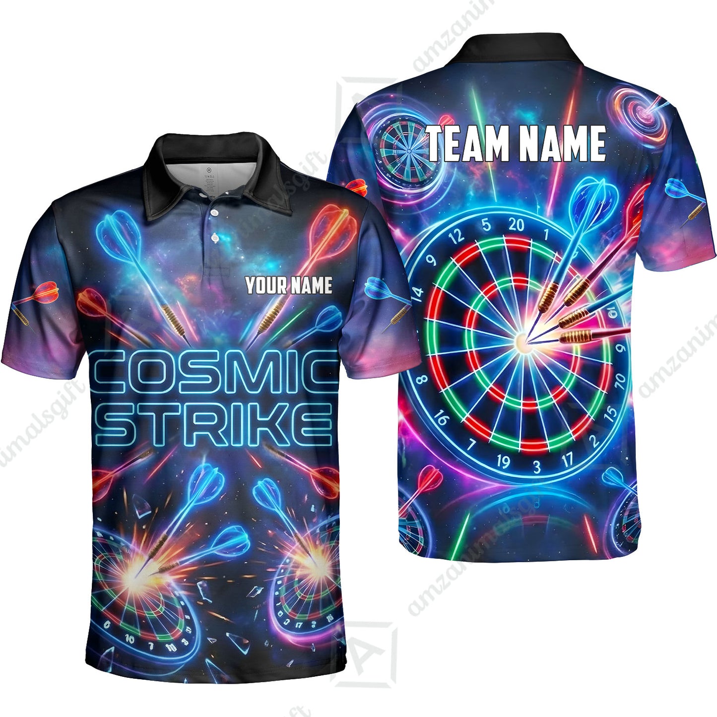 Custom Darts Team Jersey, Personalized Neon Galaxy Strike Darts Polo Shirt For Players With Name & Team Name