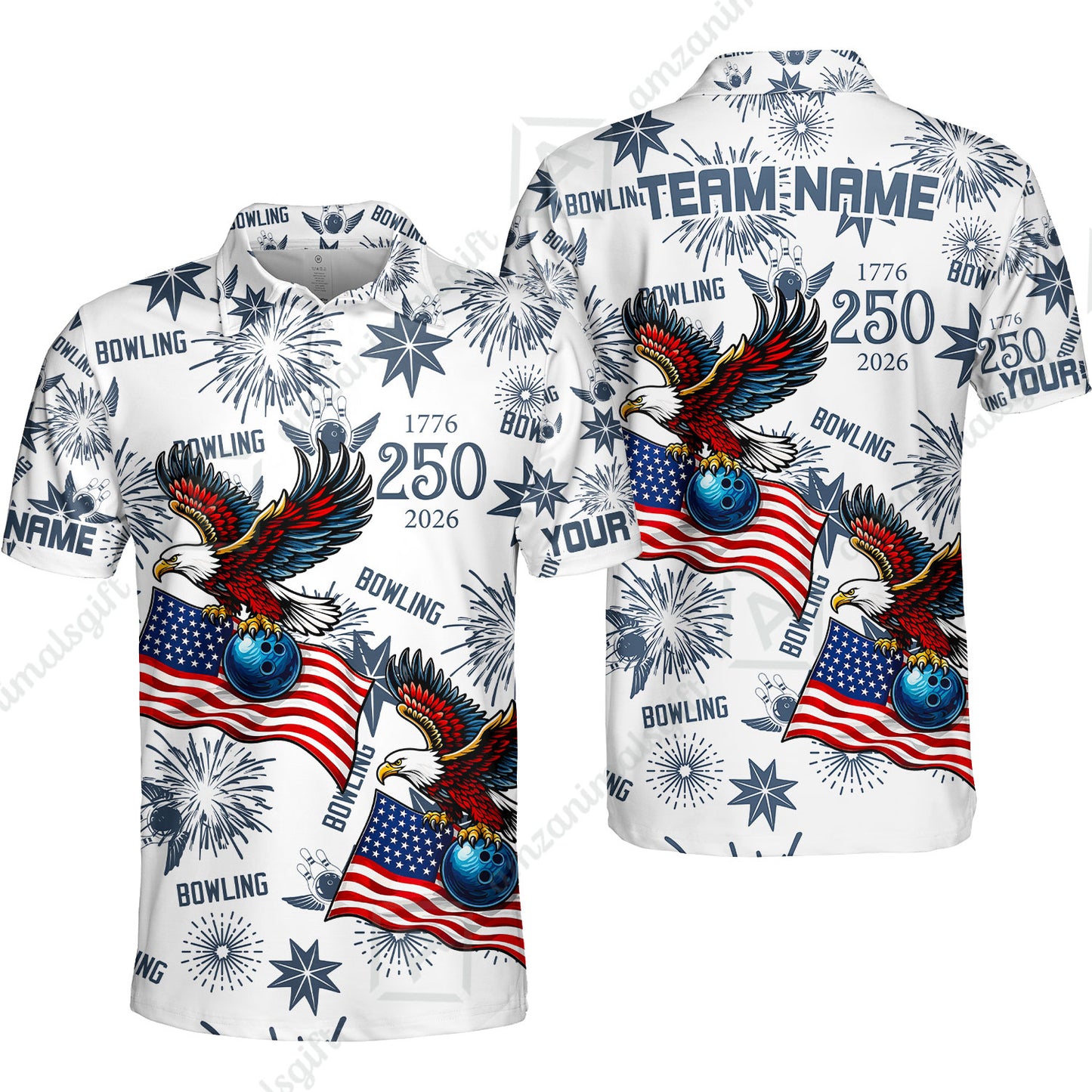 Custom Bowling Jersey Polo Shirt, USA 250 Years of Independence Bowling, Custom Bowling Jersey Team Shirt For Players With Name and Team Name