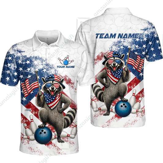 Custom Bowling Jersey Polo Shirt, Racoon America Flag Bowling Pattern, Personalize Name and Team Name