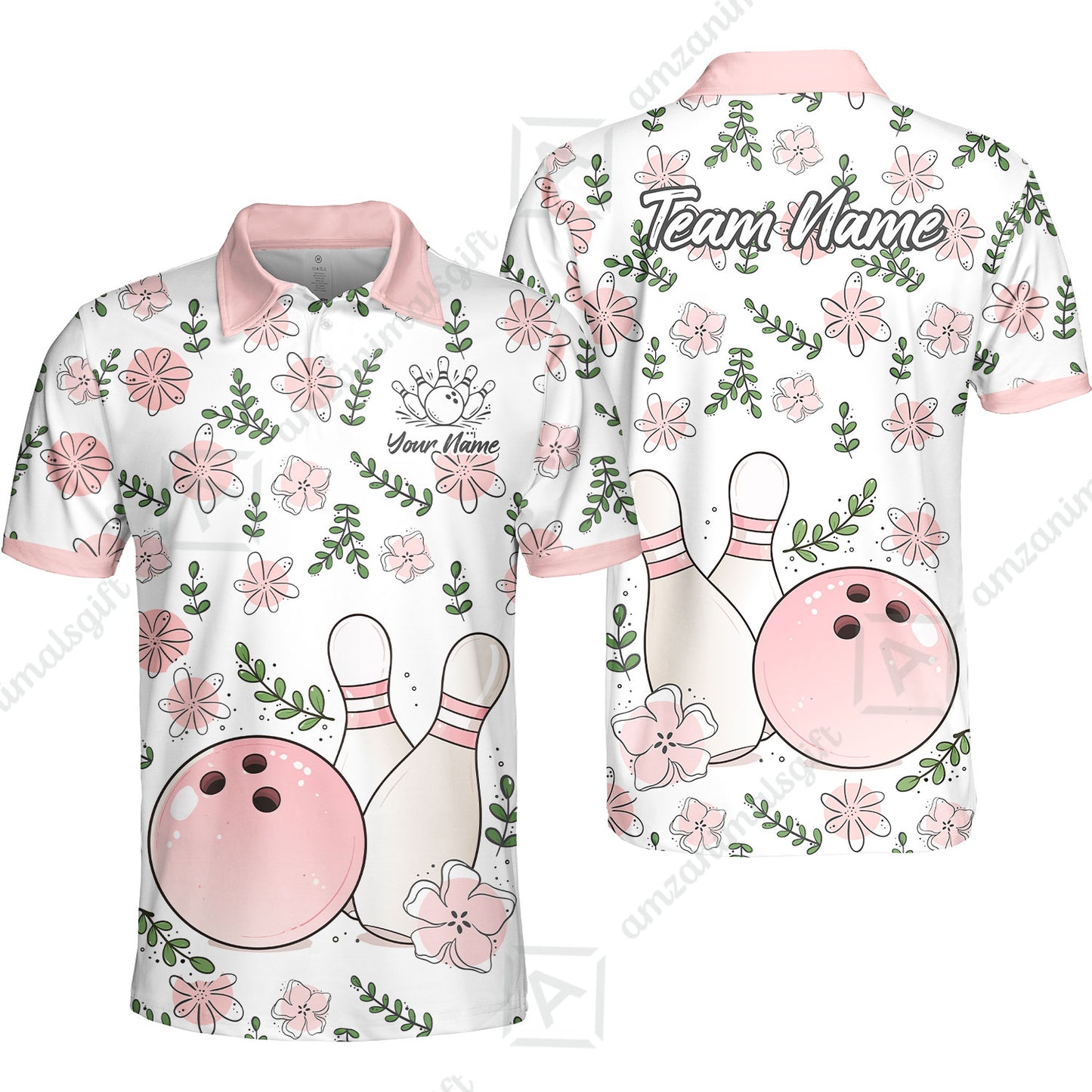 Custom Bowling Jersey Polo Shirt, Pink Floral Bowling, Custom Bowling Jersey Team Shirt For Players With Name & Team Name