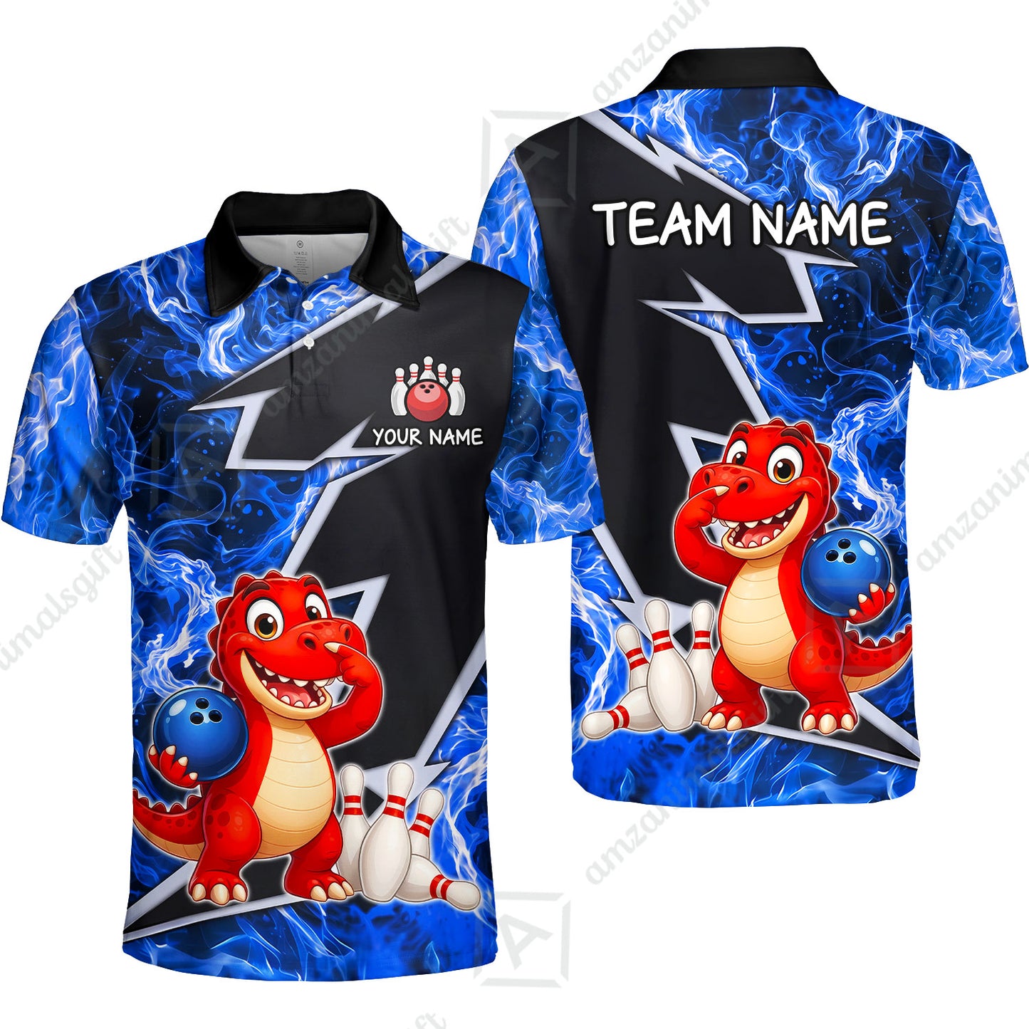 Custom Bowling Jersey Polo Shirt, Fire Lightning Dino Strike, Custom Bowling Jersey Team Shirt For Players With Name and Team Name