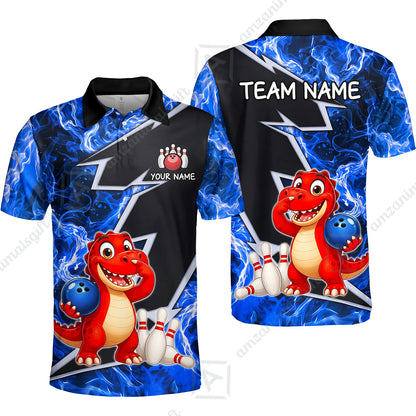 Custom Bowling Jersey Polo Shirt, Fire Lightning Dino Strike, Custom Bowling Jersey Team Shirt For Players With Name and Team Name