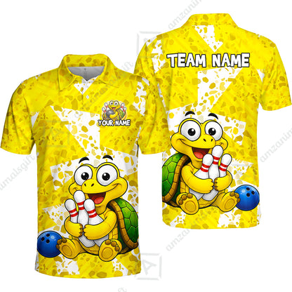 Custom Bowling Jersey Polo Shirt, Cute Turtle Holding Pins, Personalized Name And Team Name