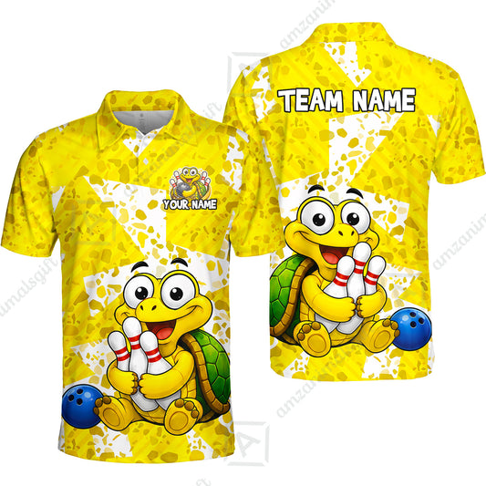 Custom Bowling Jersey Polo Shirt, Cute Turtle Holding Pins, Personalized Name And Team Name