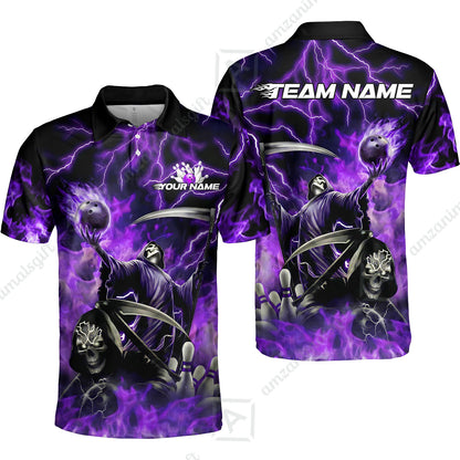 Custom Bowling Team Quarter-Zip Polo Shirt, Grim Reaper Skull With Flame Bowling Lightning Design for Bowlers, Personalized Shirt with Name and Team Name