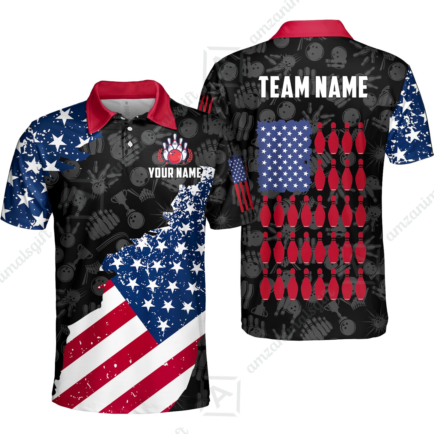 Custom Bowling Jersey Polo Shirt, Americana Patriotic Distressed Flag, Custom Bowling Jersey Team Shirt For Players With Name and Team Name