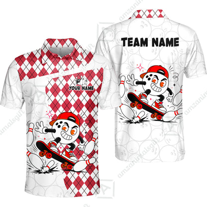 Custom Bowling Jersey Polo Shirt, Skateboarder Bowling Ball Mascot, Custom Bowling Jersey Team Shirt For Players With Name and Team Name