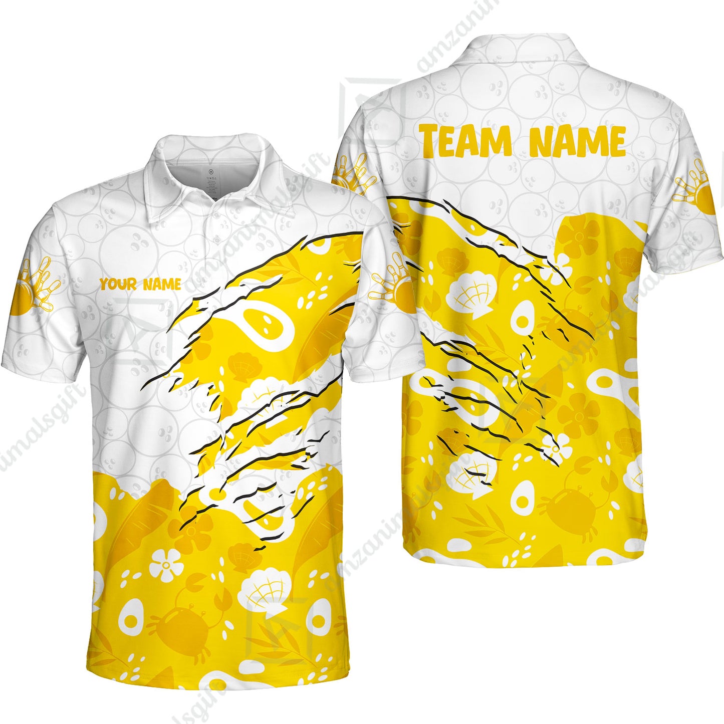 Custom Bowling Jersey Polo Shirt, Pattern Crab Half Crenate Ark Flower Glass, Personalize Name and Team Name
