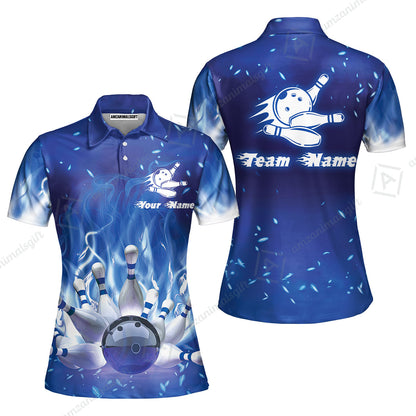 Bowling Men Polo Shirt Custom Name - Bowling On Blue Fire Personalized Bowling Polo Shirt