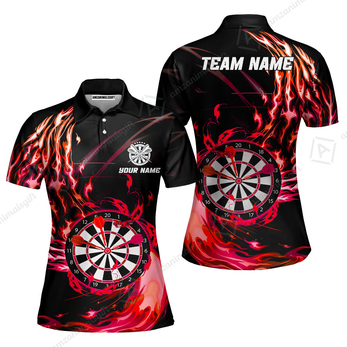 Personalized Darts Hawaiian Shirt - Custom Name & Team Name Darts Purple Fire Polo Shirt For Women, Darts Team, Darts Lover