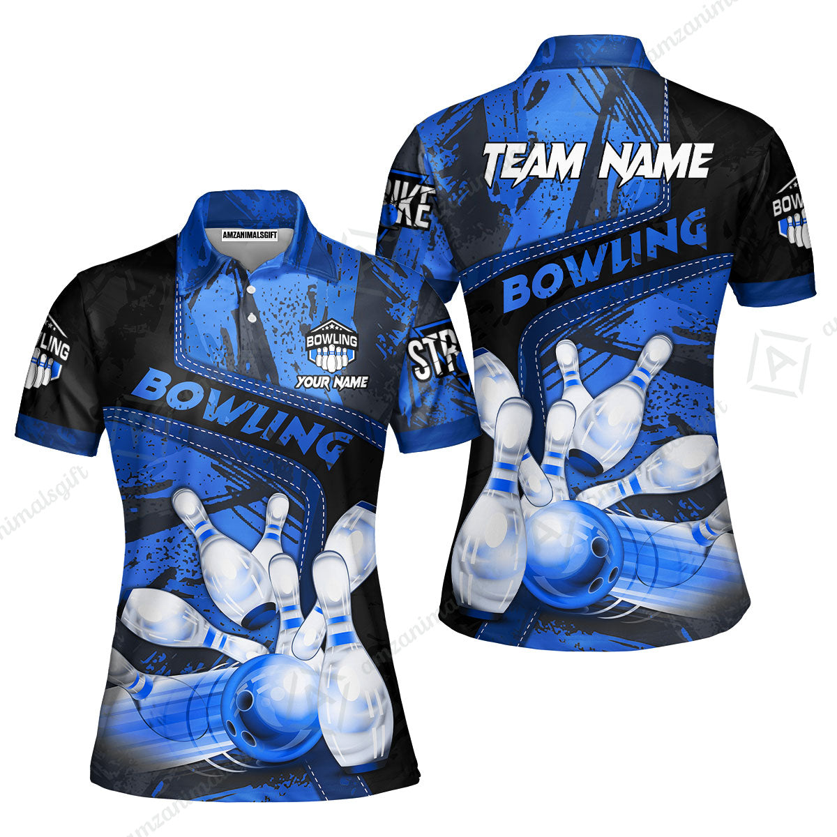 Custom Bowling Team Quater-Zip Polo Shirts, Bowling Uniforms Jerseys Brush Patterns, Multi Colors Personalized Name And Team Name