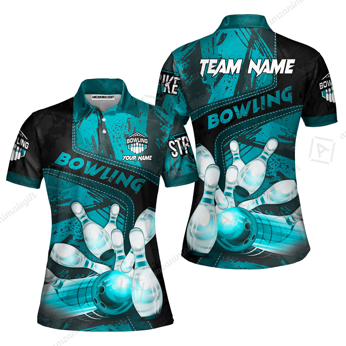 Custom Bowling Team Quater-Zip Polo Shirts, Bowling Uniforms Jerseys Brush Patterns, Multi Colors Personalized Name And Team Name