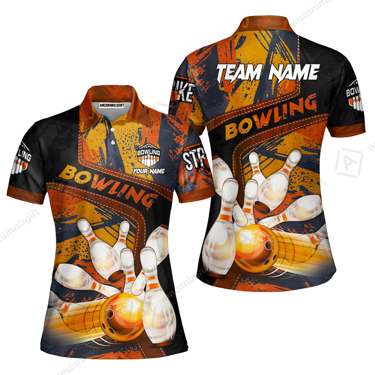 Custom Bowling Team Quater-Zip Polo Shirts, Bowling Uniforms Jerseys Brush Patterns, Multi Colors Personalized Name And Team Name