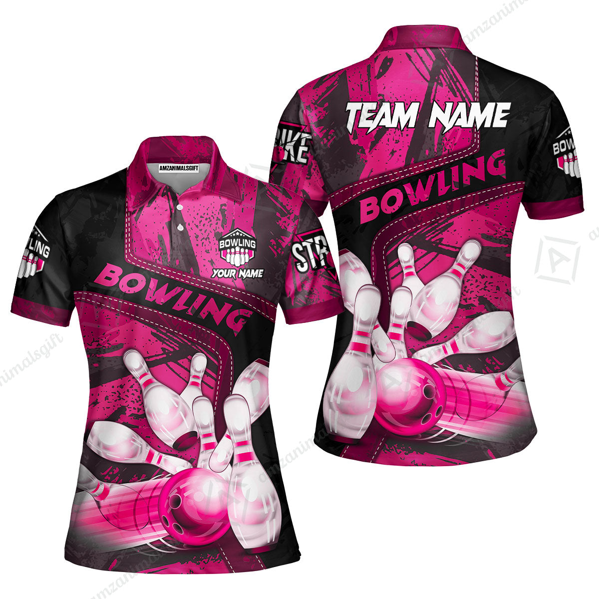 Custom Bowling Team Quater-Zip Polo Shirts, Bowling Uniforms Jerseys Brush Patterns, Multi Colors Personalized Name And Team Name