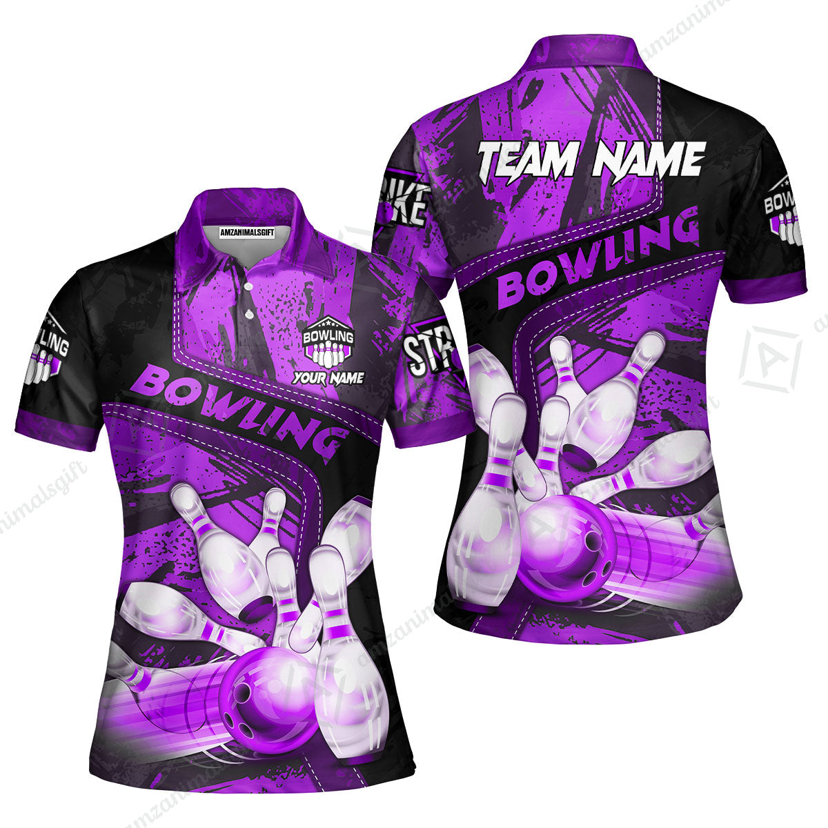 Custom Bowling Team Quater-Zip Polo Shirts, Bowling Uniforms Jerseys Brush Patterns, Multi Colors Personalized Name And Team Name