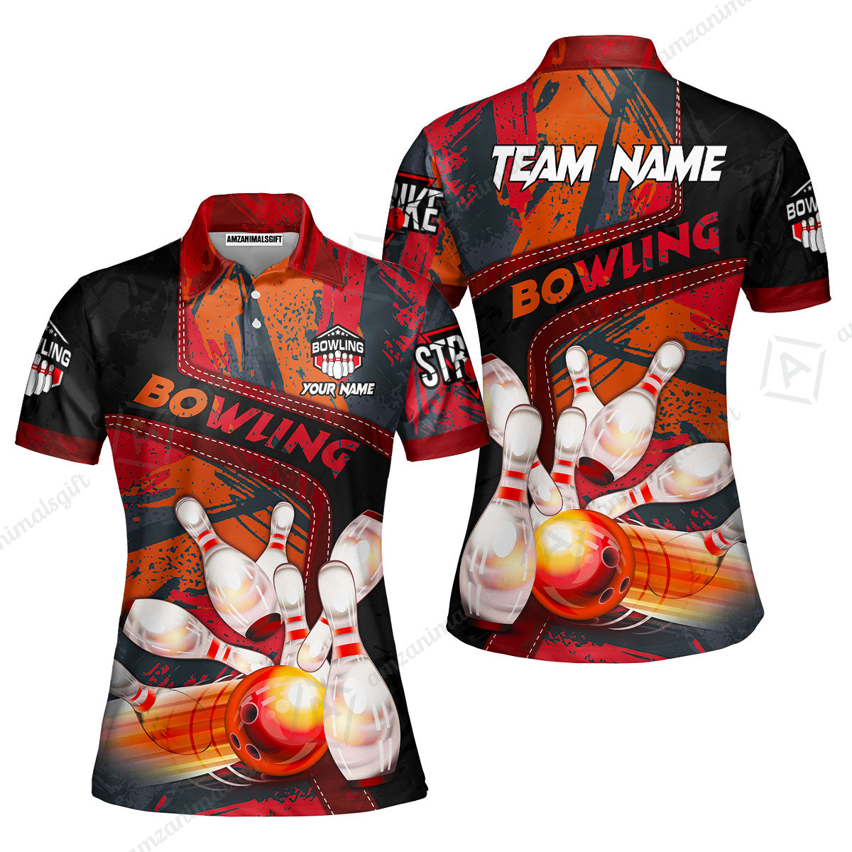 Custom Bowling Team Quater-Zip Polo Shirts, Bowling Uniforms Jerseys Brush Patterns, Multi Colors Personalized Name And Team Name