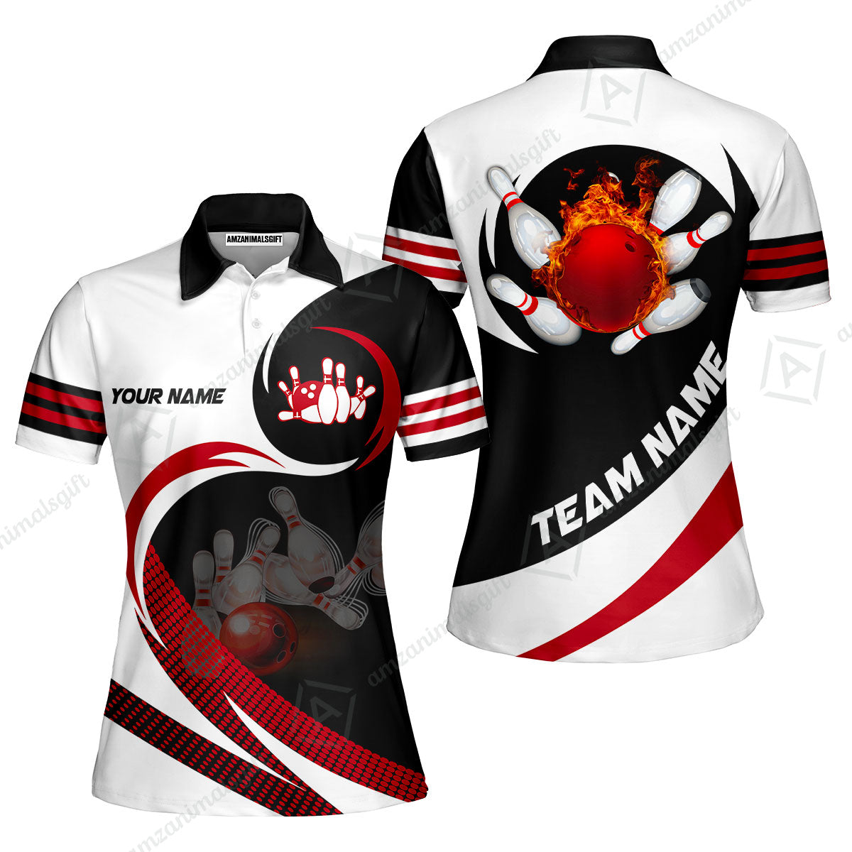 Custom Bowling Team Jersey Shirts, Custom Flame Ball Bowling Uniforms Unisex Polo, Multi Colors Personalized Name And Team Name