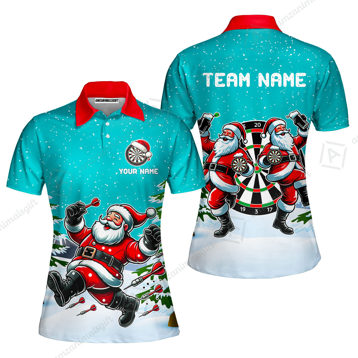 Custom Funny Santa Darts Team Unisex Polo Shirts, Darts uniforms Funny Santa Personalized Name And Team Name