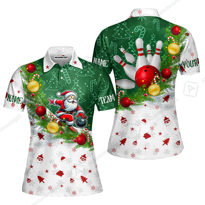 Custom Christmas Santa Bowling Team Jerseys Polo Shirts, Christmas Santa Bowling uniforms - Bowling Polo Personalized Name And Team Name
