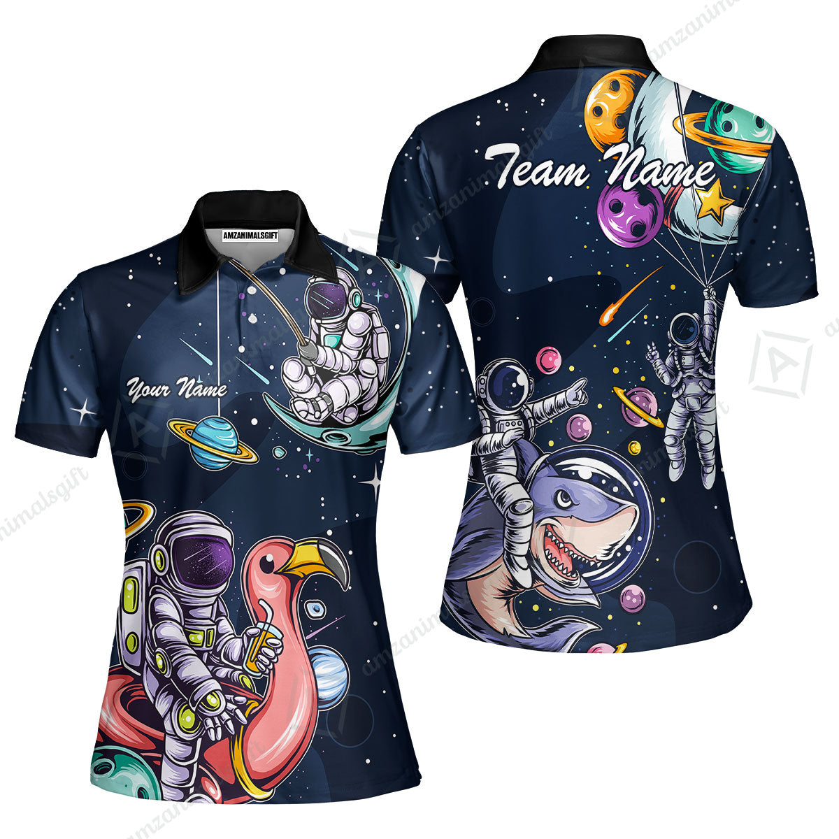 Customized Bowling Unisex Polo Shirt, Galaxy Astronaut, Bowling Uniforms, Personalized Name And Team Name