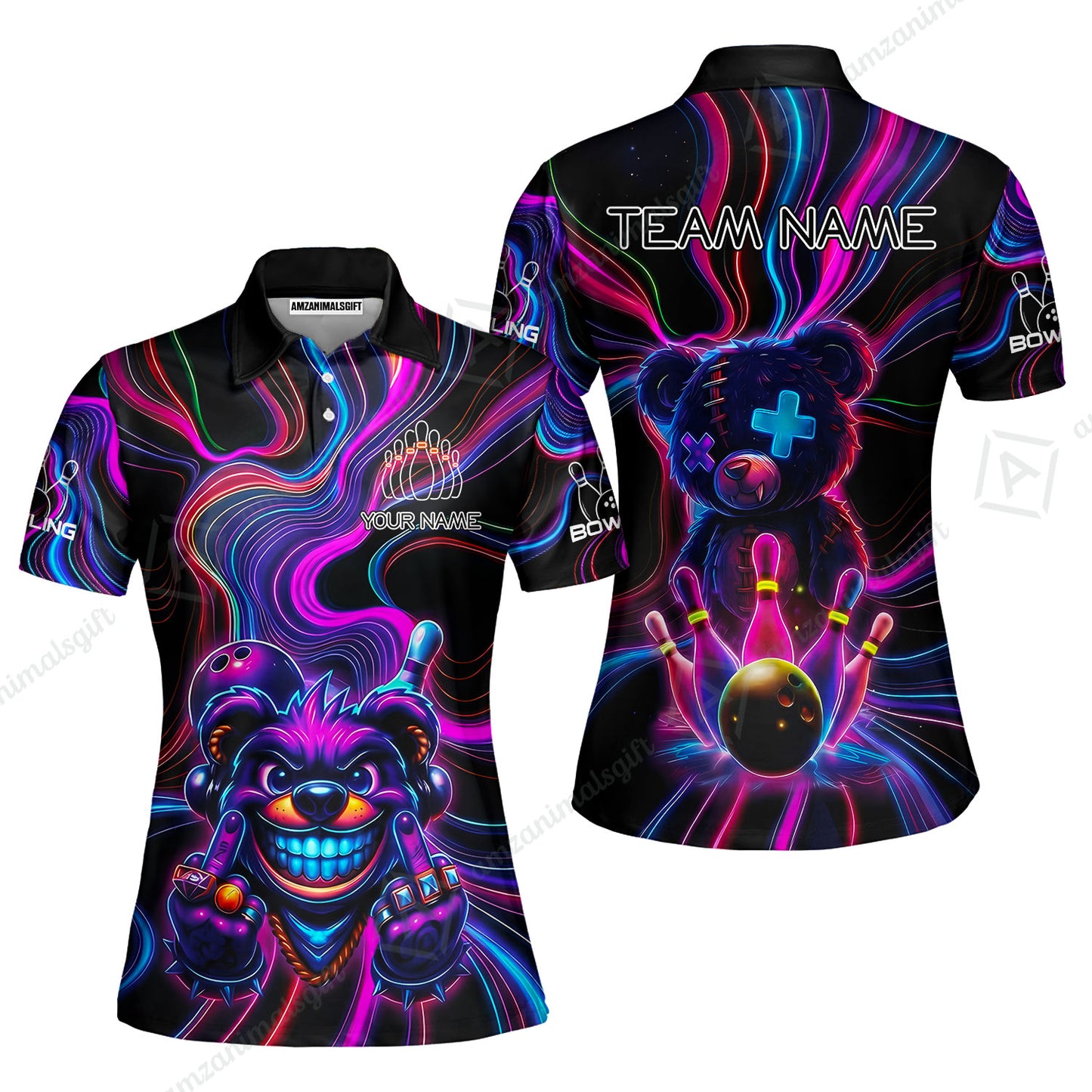 Customized Bowling Unisex Polo Shirt, Crazy Neon Bear Bowling Strike, Bowling Uniform - Personalized Name And Team Name