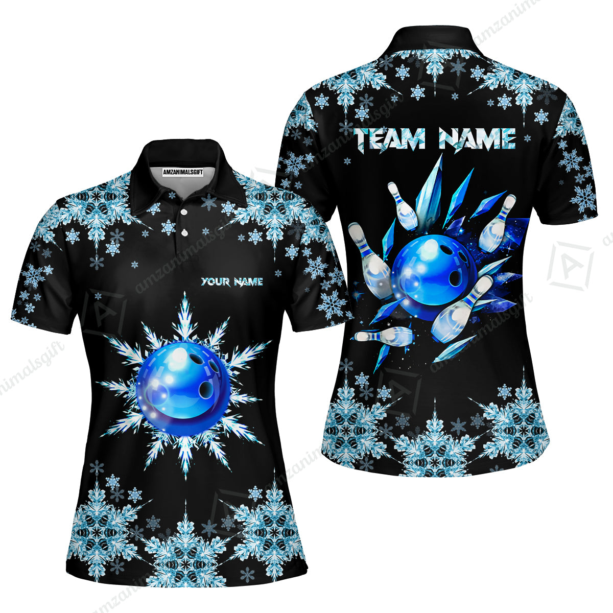 Snowflake Ice Custom Bowling Team Jerseys Polo Shirts, Christmas Ice Bowling uniforms - Bowling Polo Personalized Name And Team Name
