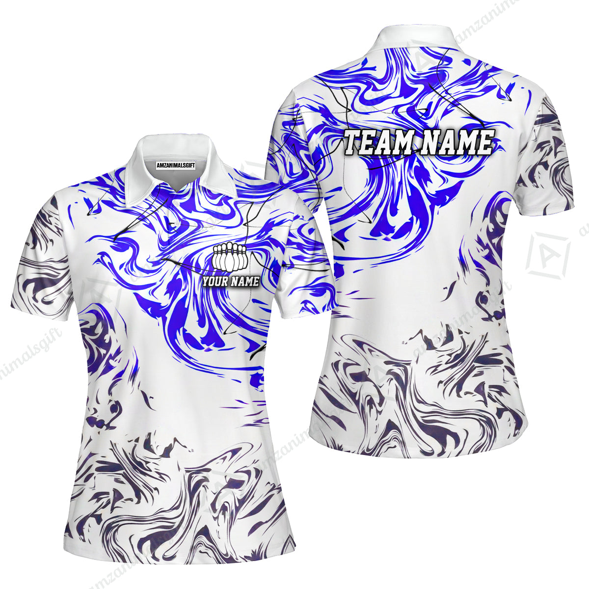 Customized Bowling Unisex Polo Shirt, Velocity Wave Marble Swirl Pattern Bowling, Personalized Name Team Name For Bowlers