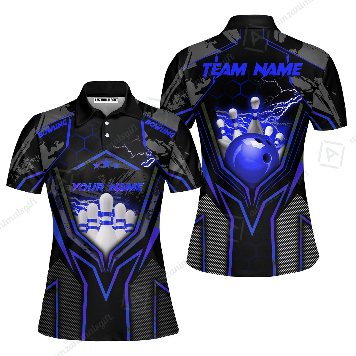 Customized Bowling Jersey, Bowling And Pins Abstract Grunge Texture X Multicolor Option Customized Name And Team Name Zipper Polo Jerseys Shirts