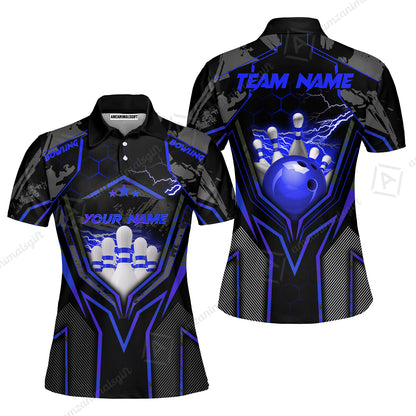 Customized Bowling Jersey, Bowling And Pins Abstract Grunge Texture X Multicolor Option Customized Name And Team Name Zipper Polo Jerseys Shirts
