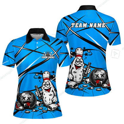 Custom Bowling Jersey Polo Shirt, Drunk Bowling Pin And Ball, Custom Bowling Jersey Team Shirt For Players With Name & Team Name