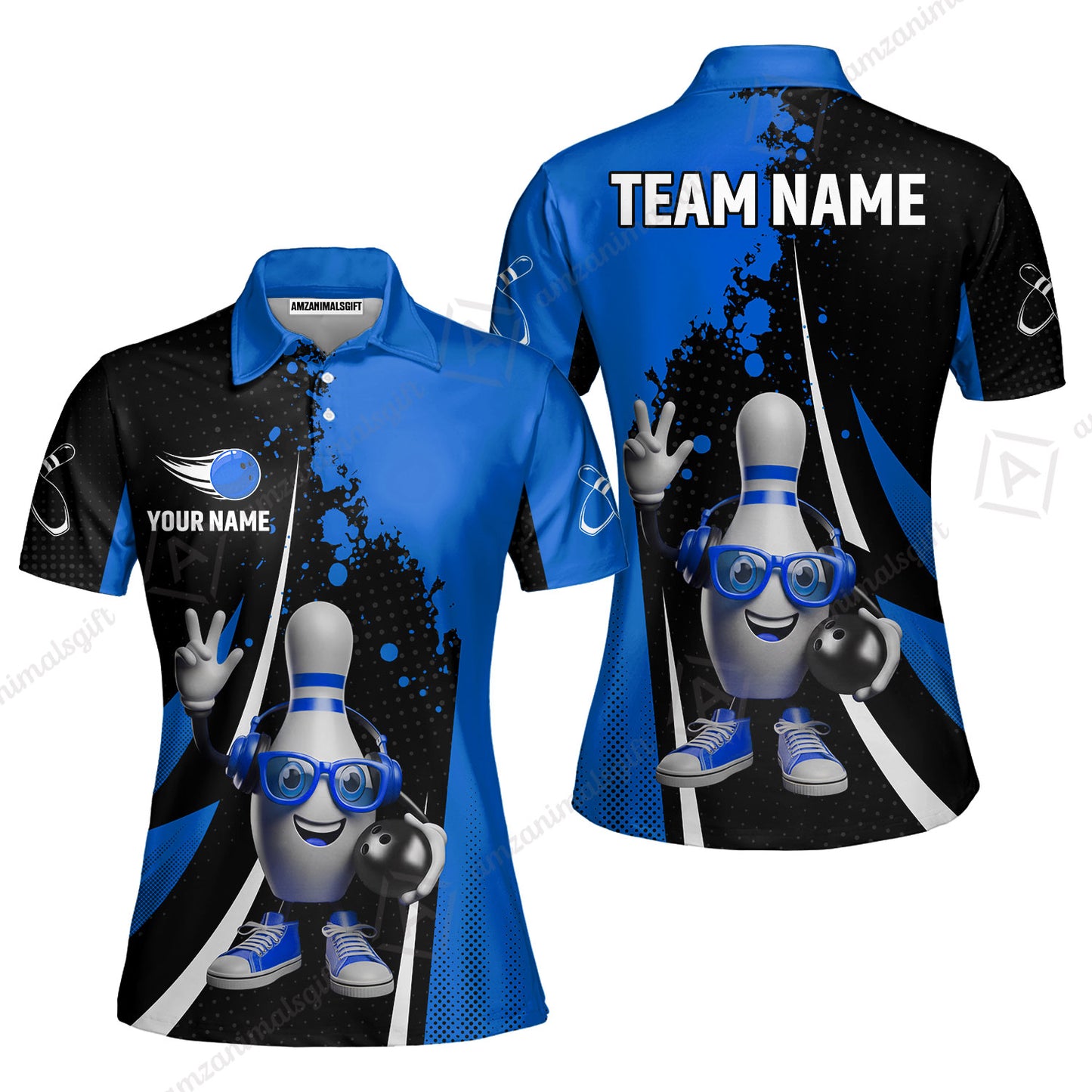 Customized Bowling Unisex Polo Shirt, Halftone Bowling Pin Wearing Headphones Sunglasses, Personalized Name And Team Name