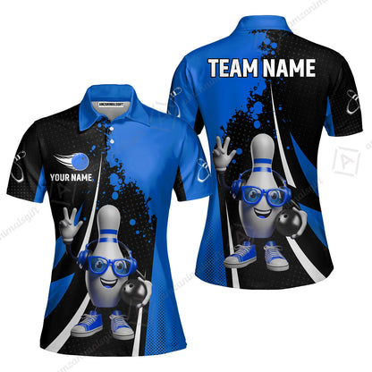 Customized Bowling Unisex Polo Shirt, Halftone Bowling Pin Wearing Headphones Sunglasses, Personalized Name And Team Name