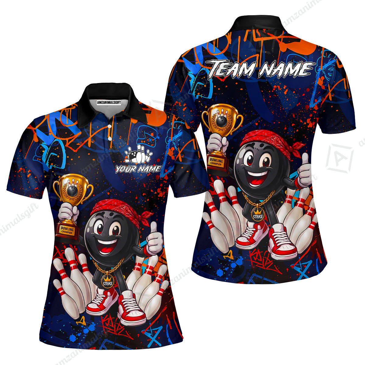 Custom Bowling Jersey Polo Shirt, Graffiti Champion, Custom Bowling Jersey Team Shirt For Players With Name & Team Name
