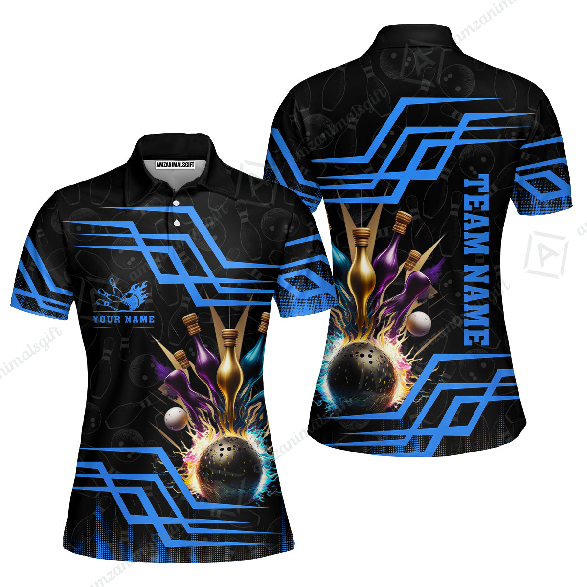Customized Bowling Unisex Polo, Bowling And Pins Royal Multicolor Option Customized Name And Team Name For Bowling Team