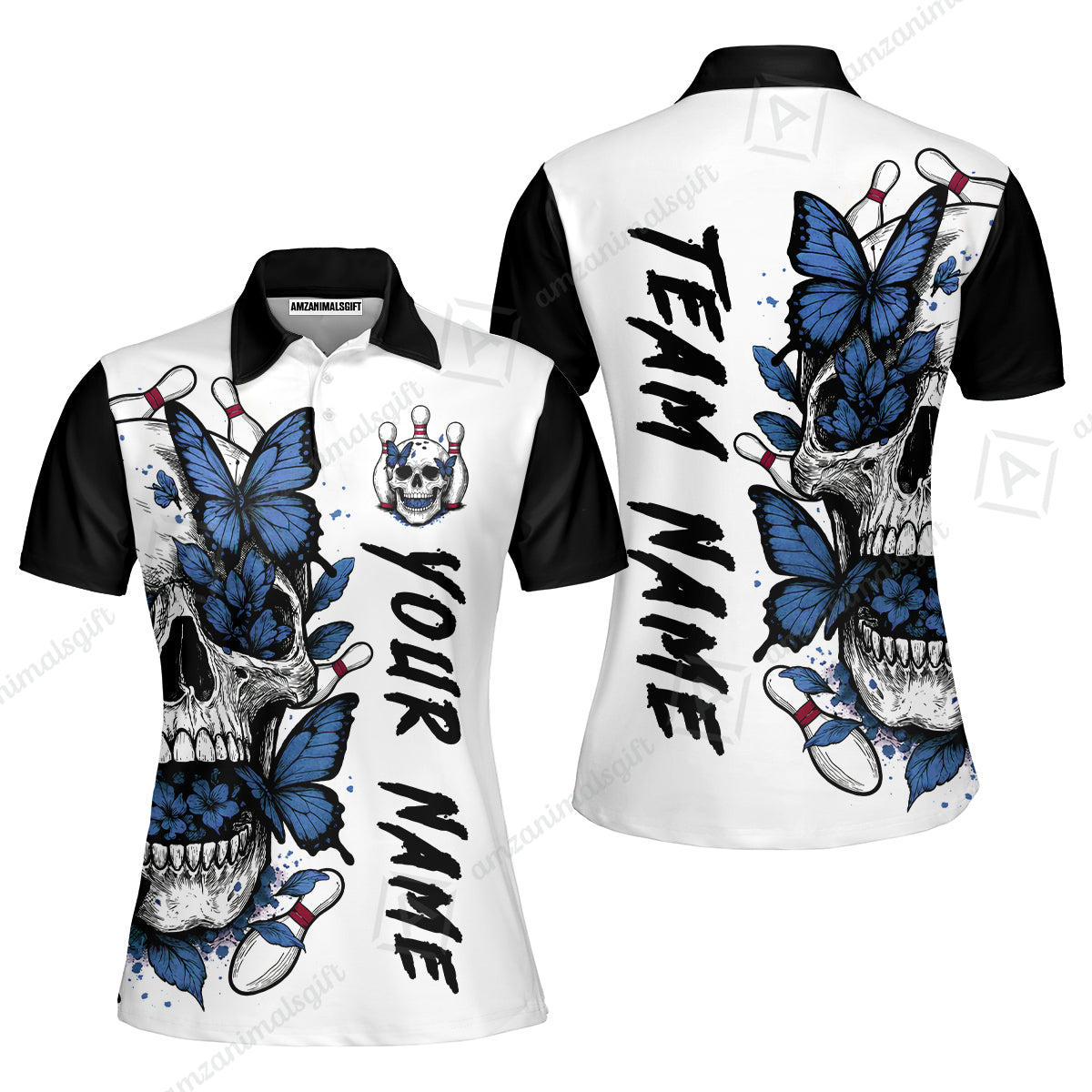 Custom Bowling Jersey Polo Shirt, Skull With Butterfly, Custom Bowling Jersey Team Shirt For Players With Name and Team Name