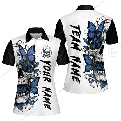 Custom Bowling Jersey Polo Shirt, Skull With Butterfly, Custom Bowling Jersey Team Shirt For Players With Name and Team Name