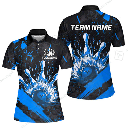 Customized Bowling Unisex Polo Shirt, Bowling And Pins Grunge Flame, Bowling Uniform - Personalized Name And Team Name