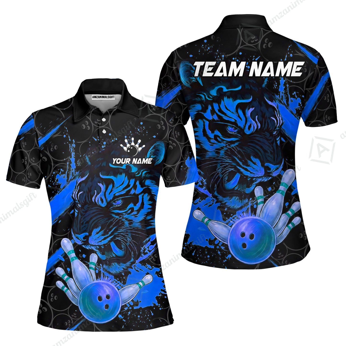 Customized Bowling Unisex Polo Shirt, Tiger Ball Striking Pins, Bowling Uniforms, Personalized Name And Team Name