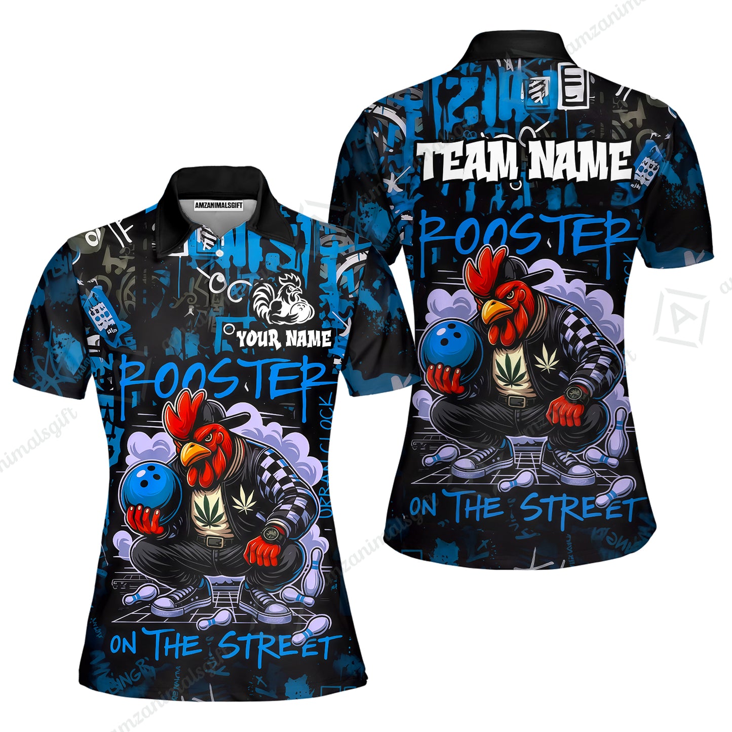 Customized Bowling Unisex Polo Shirt, Urban Streetwear Chicken Bowling Rooster On The Street, Personalized Name Team Name