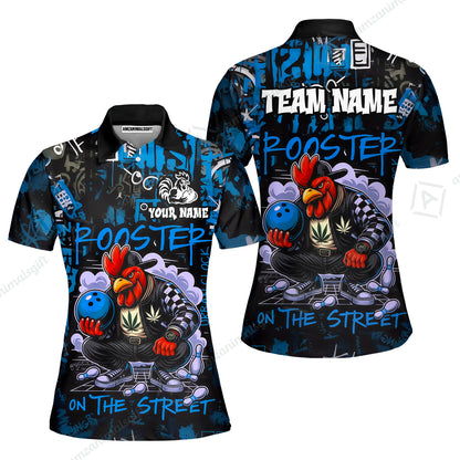 Customized Bowling Unisex Polo Shirt, Urban Streetwear Chicken Bowling Rooster On The Street, Personalized Name Team Name