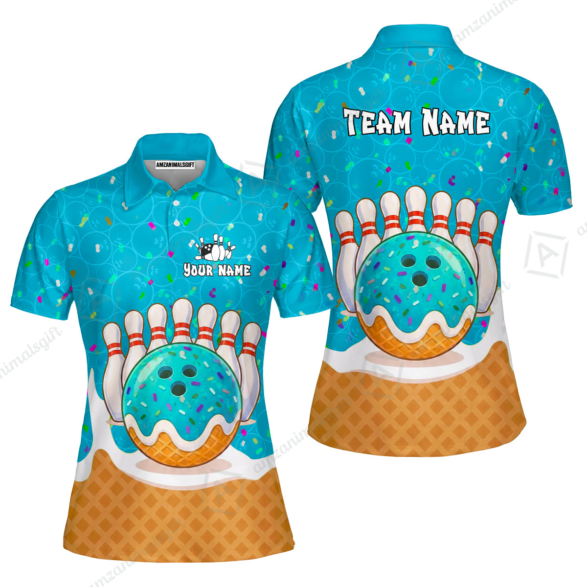 Custom Bowling Jersey Polo Shirt, Bowling Sprinkles Ice Cream Cone, Personalized Name & Team Name