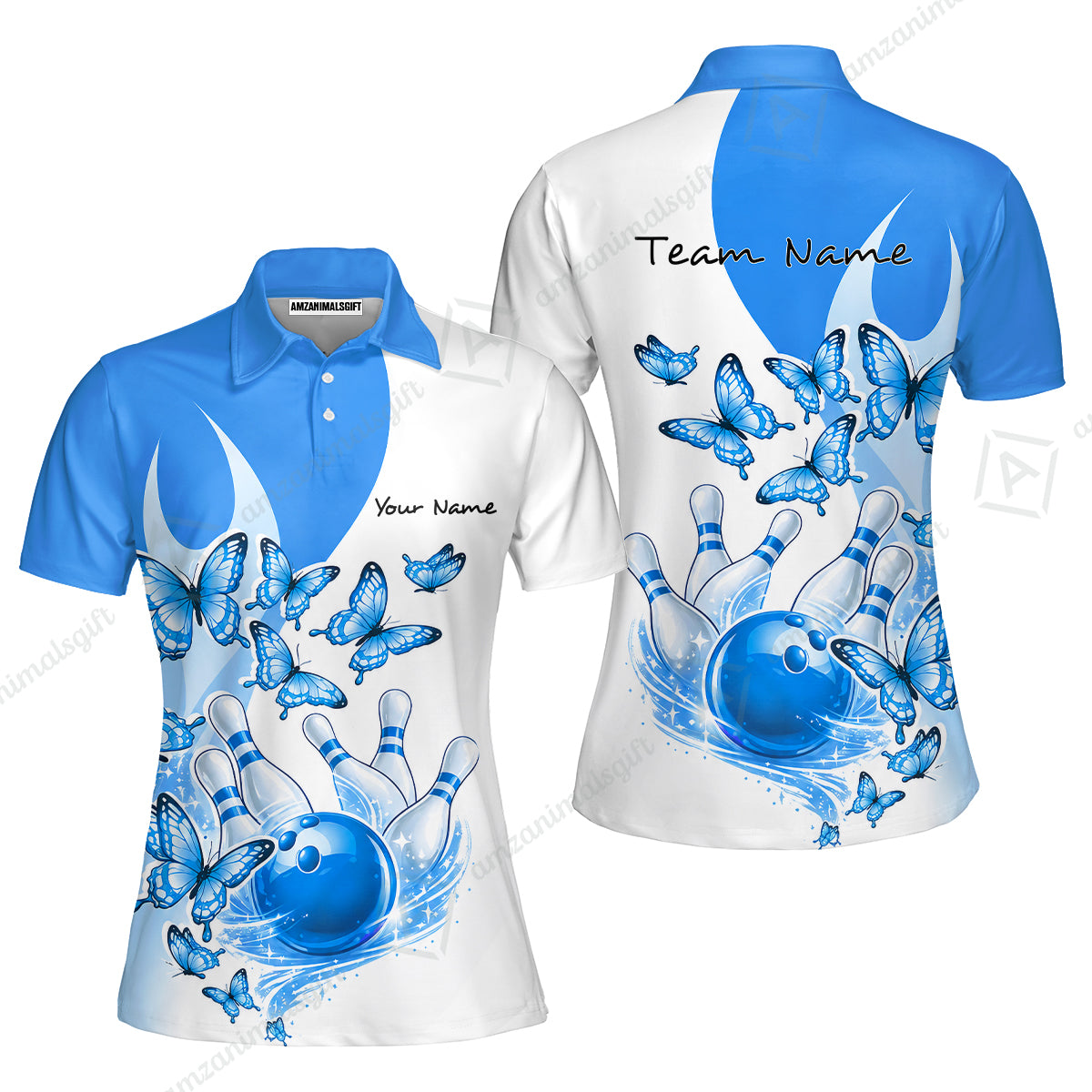 Custom Bowling Jersey Polo Shirt, Butterfly Strike, Personalized Name & Team Name