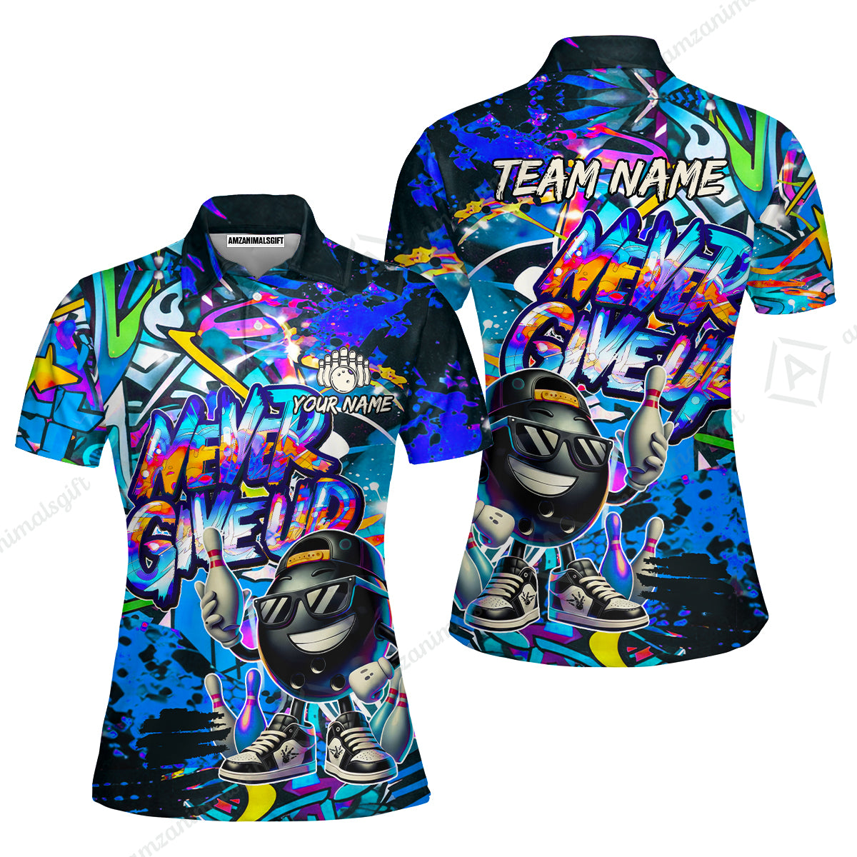 Customized Bowling Unisex Polo Shirt, Graffiti Bowling Funny Never Give Up Bowling Uniform, Personalized Name And Team Name